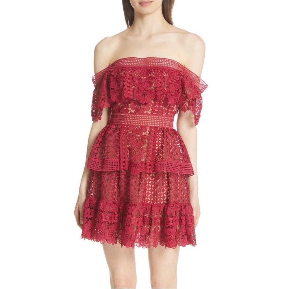 Self Portrait Red Lace Off-Shoulder Dress